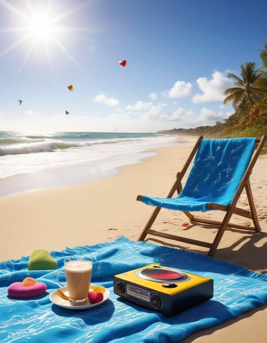 A scenic beach with vibrant waves crashing on golden sand, featuring a cozy beach lounge chair with a colorful beach towel and a steaming latte topped with frothy hearts resting on a small table. In the background, a diverse group of people enjoying music from cool, vintage boomboxes, with playlists visibly floating in the air as musical notes. The sky is bright blue with fluffy white clouds. beach life style. vibrant colors. super-realistic.