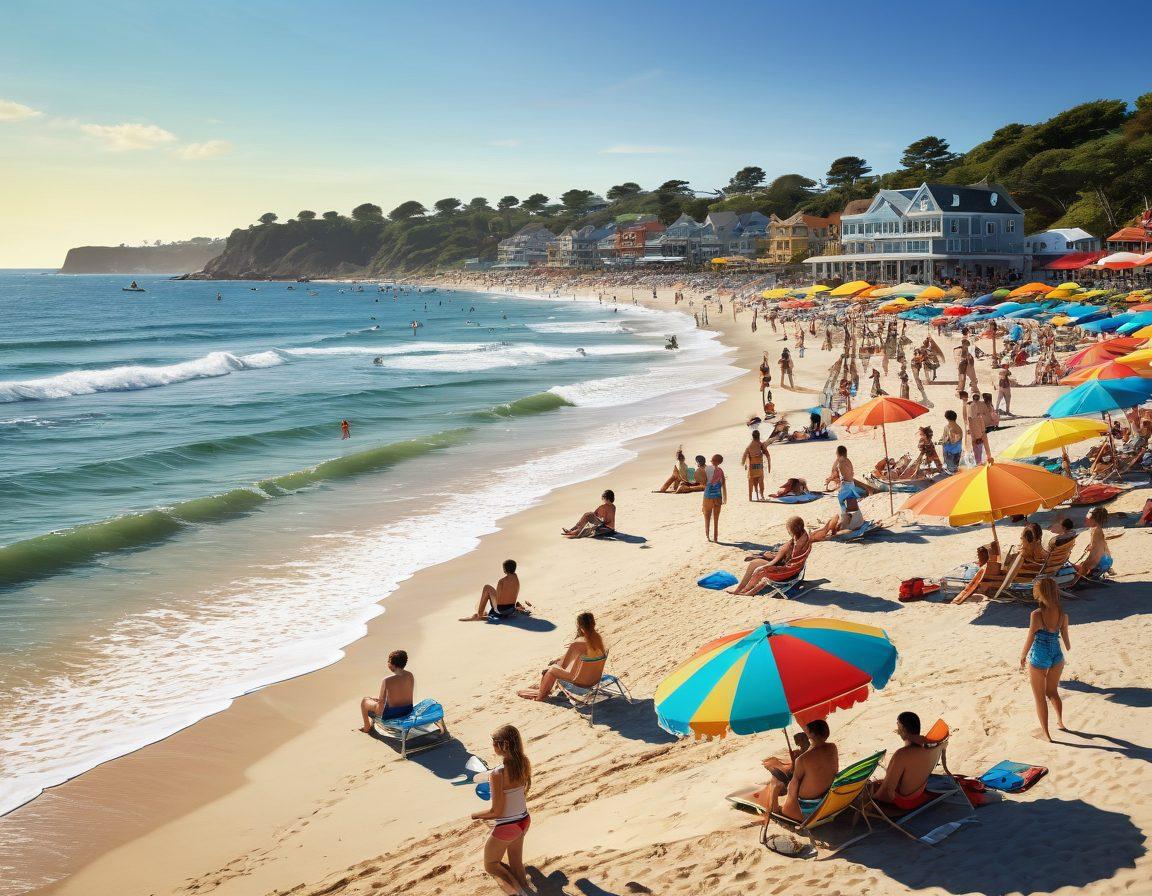 A lively summer beach scene featuring vibrant swimwear fashion on colorful beach umbrellas. Include various musicians playing instruments, surrounded by cheerful beachgoers dancing to the 'sizzling sounds' of summer hits. The sun is shining bright, and waves gently lap at the shore, creating an atmosphere of joy and freedom. Incorporate a spectrum of summer colors and playful patterns in the swimwear and surroundings. super-realistic. vibrant colors. 3D.