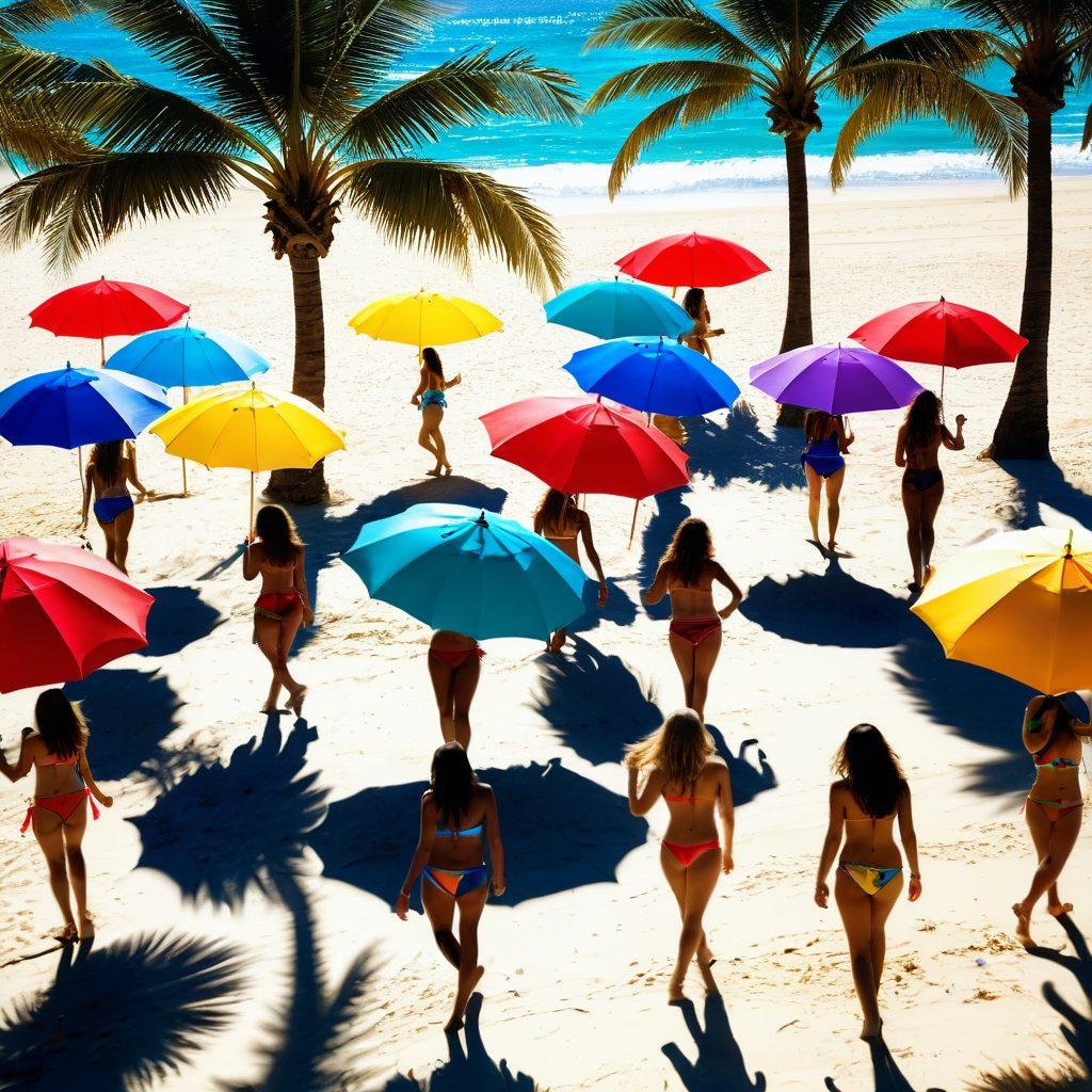 A sun-soaked beach scene featuring vibrant beach umbrellas, colorful bikini-clad models dancing joyfully to upbeat music, palm trees swaying in the breeze, and a sparkling ocean in the background. The scene should evoke a carefree summer vibe filled with energy and fun, capturing the essence of summer fashion and music. vibrant colors. lively atmosphere. super-realistic.